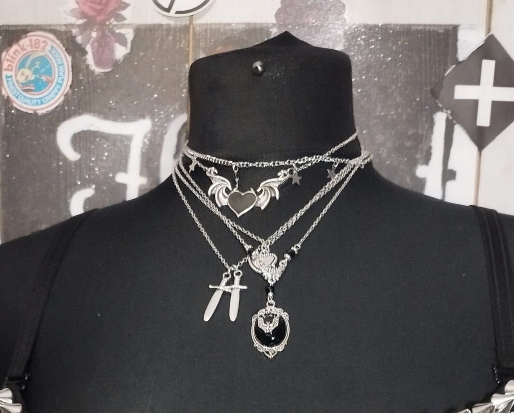 Gothic Layered Heart Winged Necklace