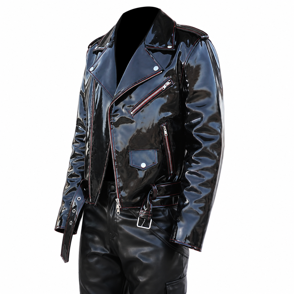 Men’s Emo Vinyl Biker Jacket with Gothic Red Stitching