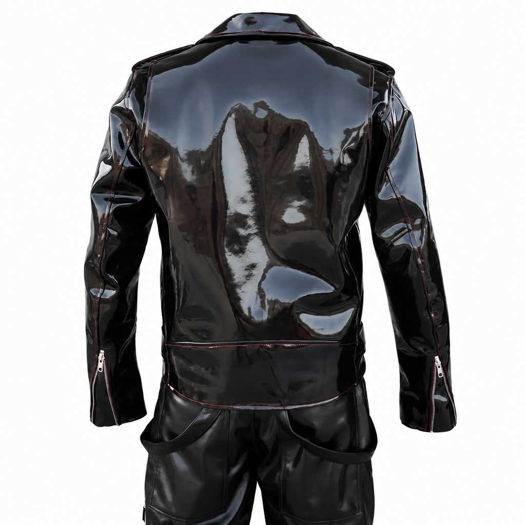 Men’s Emo Vinyl Biker Jacket with Gothic Red Stitching