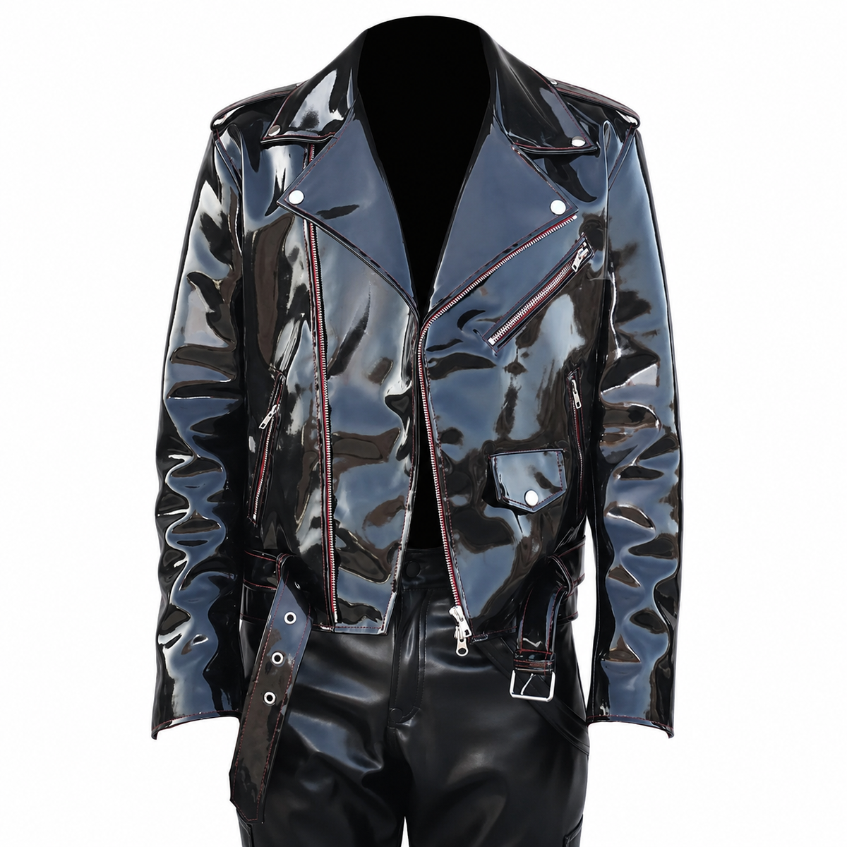 Men’s Emo Vinyl Biker Jacket with Gothic Red Stitching