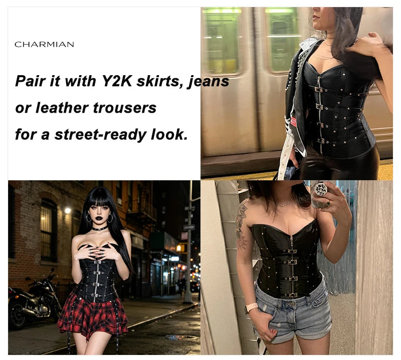 Charmian steampunk couro espartilho superior feminino gótico cetim rebite fivela zíper overbust espartilho blindado plus size bustier