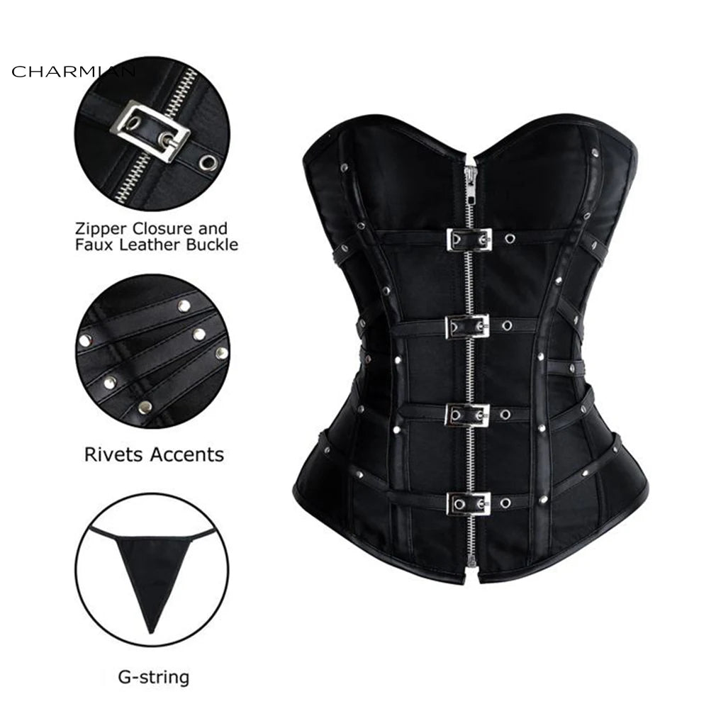 Charmian steampunk couro espartilho superior feminino gótico cetim rebite fivela zíper overbust espartilho blindado plus size bustier