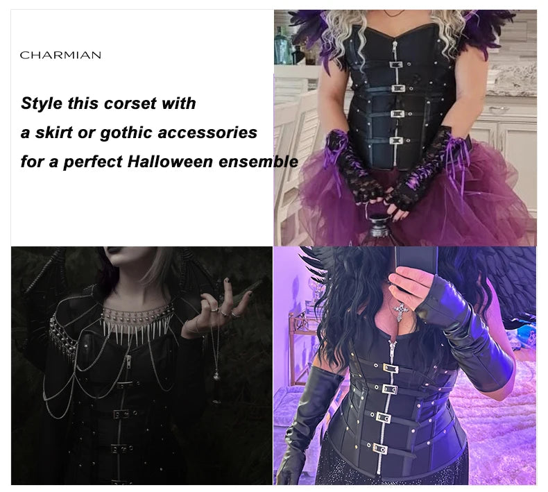 Charmian steampunk couro espartilho superior feminino gótico cetim rebite fivela zíper overbust espartilho blindado plus size bustier