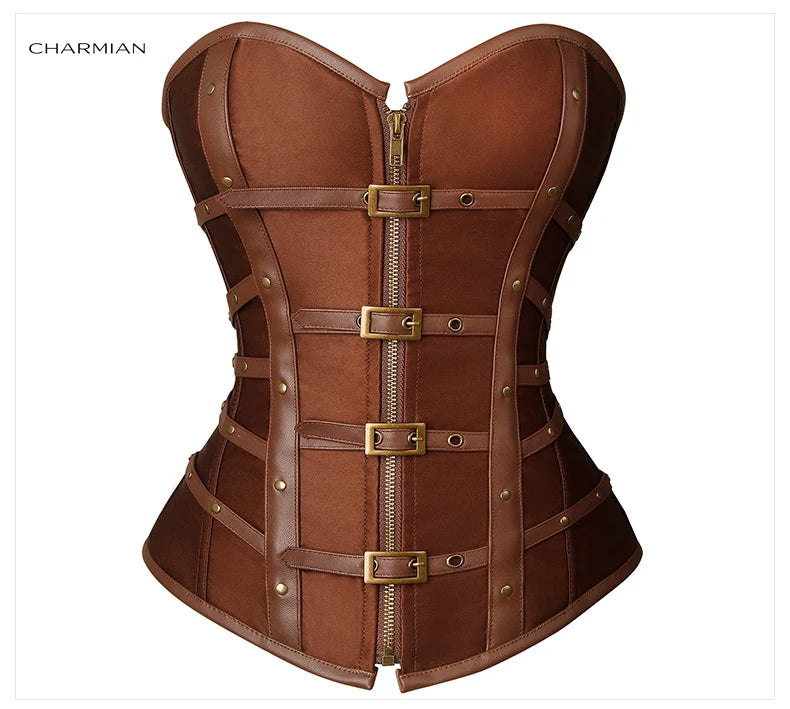 Charmian steampunk couro espartilho superior feminino gótico cetim rebite fivela zíper overbust espartilho blindado plus size bustier