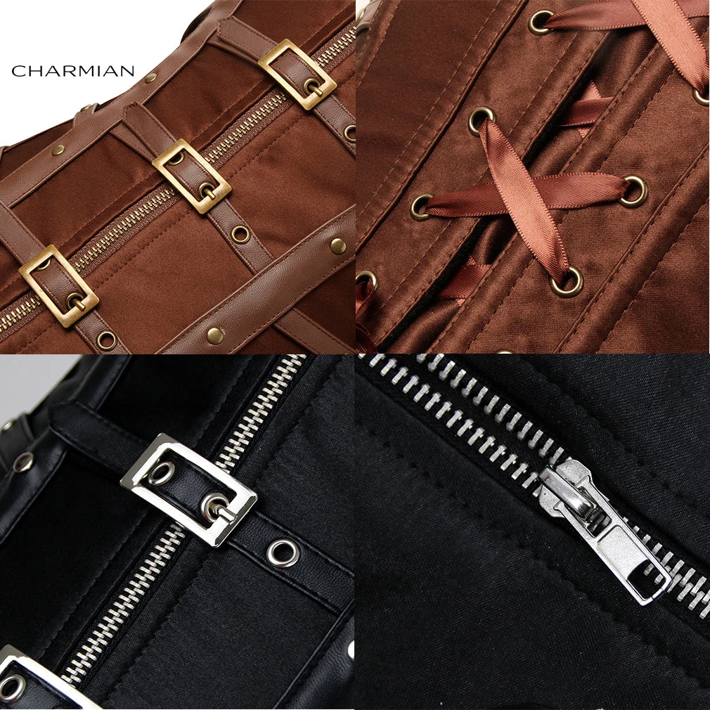 Charmian steampunk couro espartilho superior feminino gótico cetim rebite fivela zíper overbust espartilho blindado plus size bustier