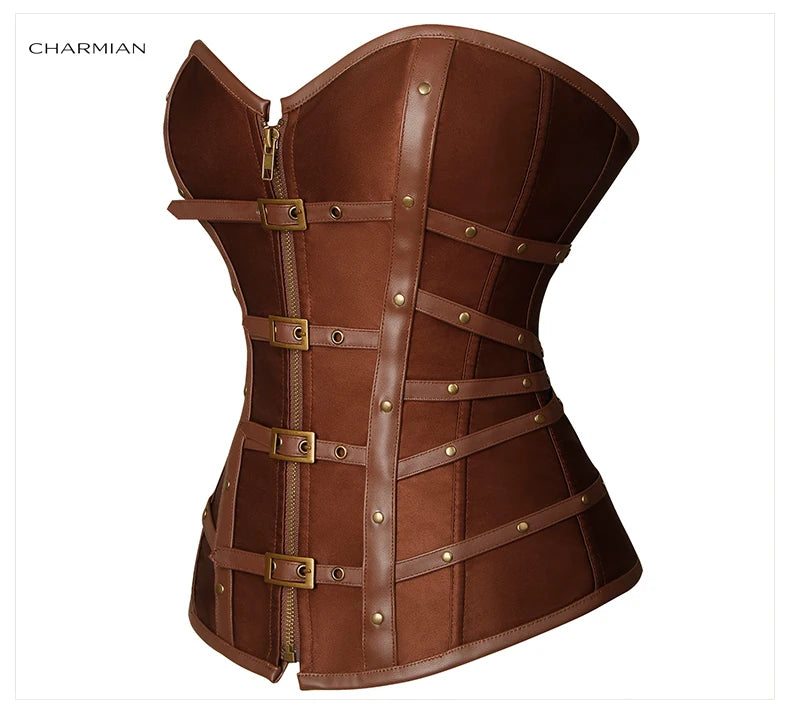 Charmian steampunk couro espartilho superior feminino gótico cetim rebite fivela zíper overbust espartilho blindado plus size bustier