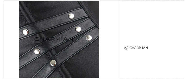 Charmian steampunk couro espartilho superior feminino gótico cetim rebite fivela zíper overbust espartilho blindado plus size bustier
