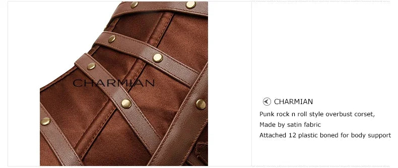 Charmian steampunk couro espartilho superior feminino gótico cetim rebite fivela zíper overbust espartilho blindado plus size bustier