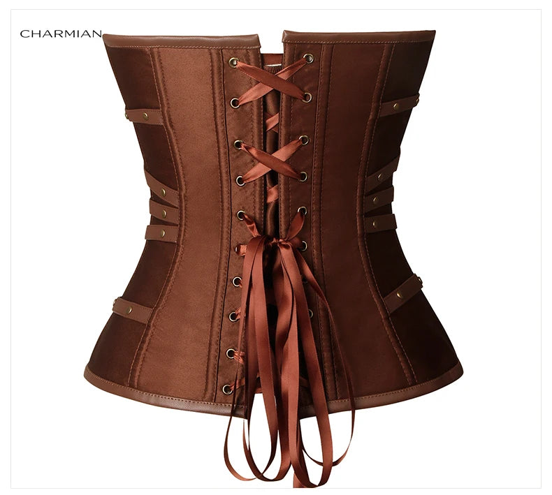 Charmian steampunk couro espartilho superior feminino gótico cetim rebite fivela zíper overbust espartilho blindado plus size bustier