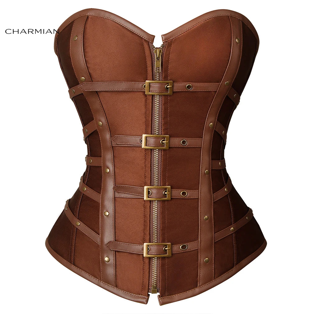 Charmian steampunk couro espartilho superior feminino gótico cetim rebite fivela zíper overbust espartilho blindado plus size bustier