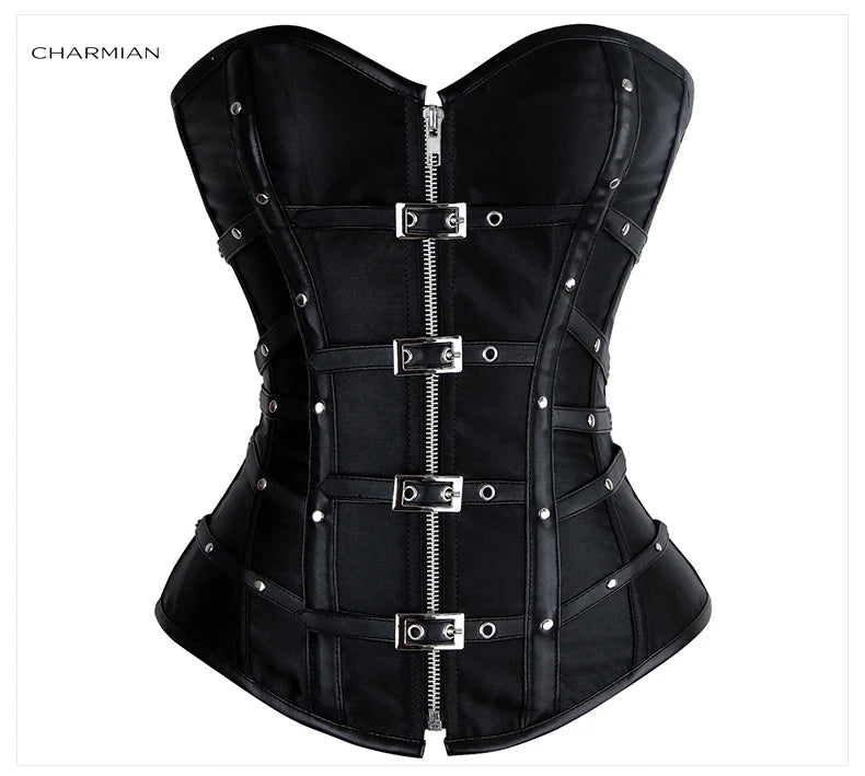 Charmian steampunk couro espartilho superior feminino gótico cetim rebite fivela zíper overbust espartilho blindado plus size bustier