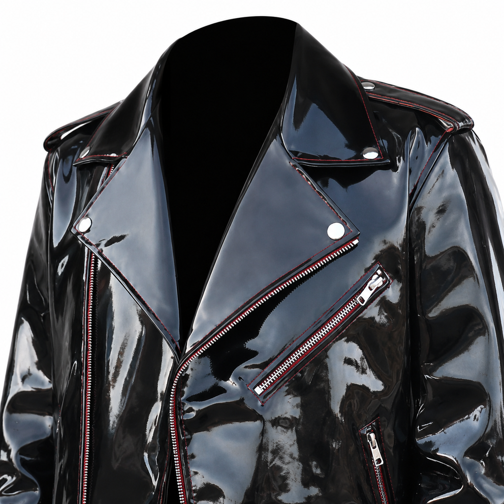 Men’s Emo Vinyl Biker Jacket with Gothic Red Stitching