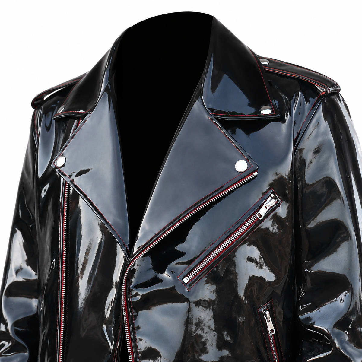 Men’s Emo Vinyl Biker Jacket with Gothic Red Stitching