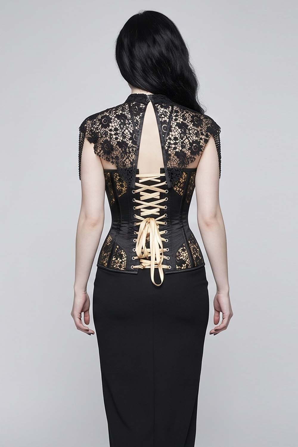 Black and Gold Cindel Satin with Lace Overbust Gothic Corset