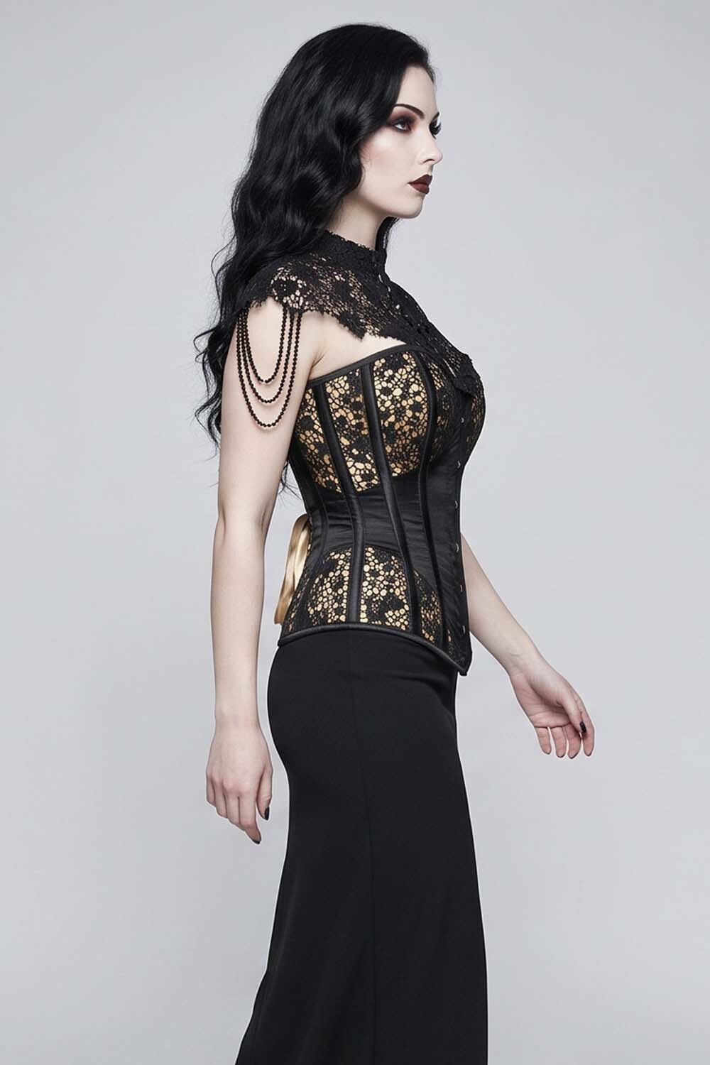Black and Gold Cindel Satin with Lace Overbust Gothic Corset