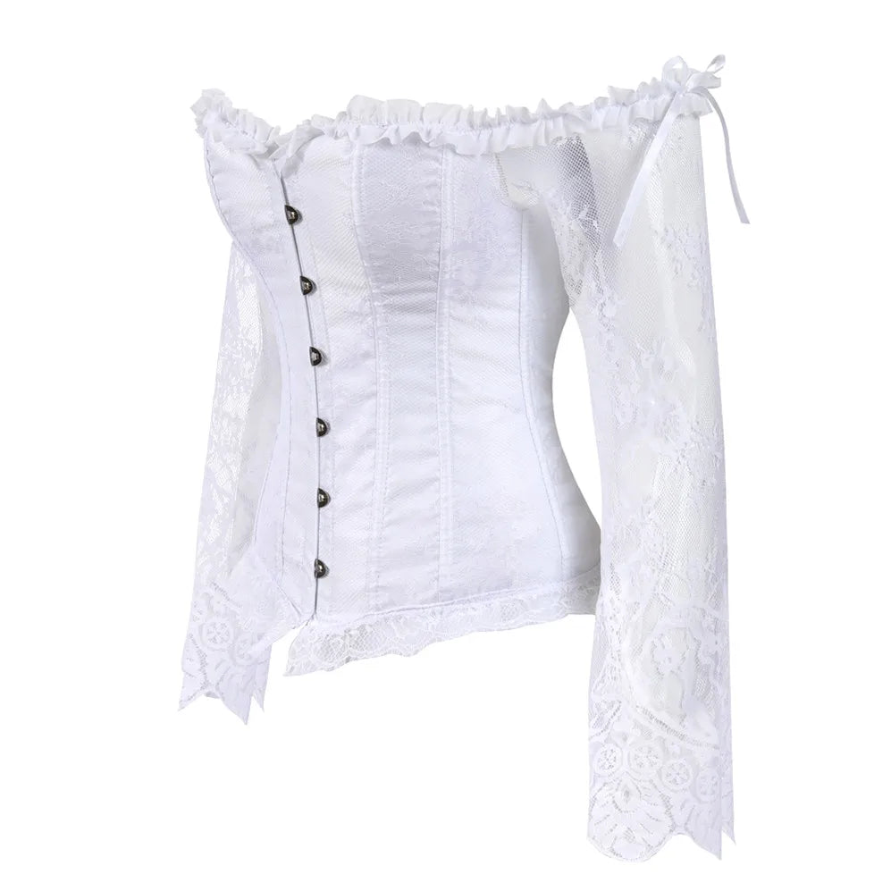 Manga longa elegante espartilhos góticos sexy fora do ombro rendas até overbust corselet feminino corpo cintura trainer cincher shapers bustiers