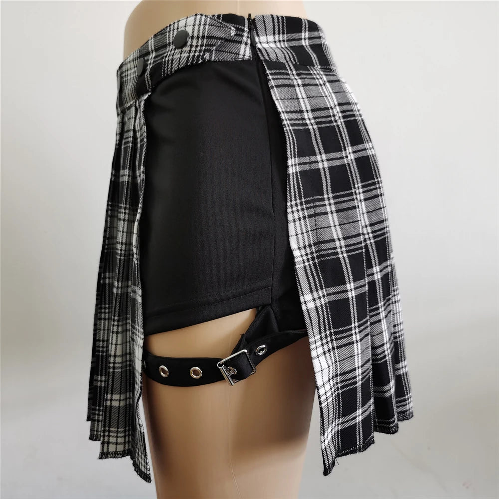 Verão harajuku estilo punk xadrez saias irregulares mulheres assimétricas cintura alta saias pretas plissadas meninas gótico meia saias
