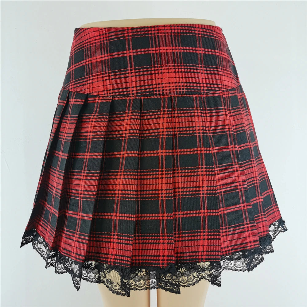Novo Contraste Lace Plaid Saia Plissada Vintage Sexy Skater Roupas Harajuku Gothic Punk Inglaterra Estilo Y2k Saia