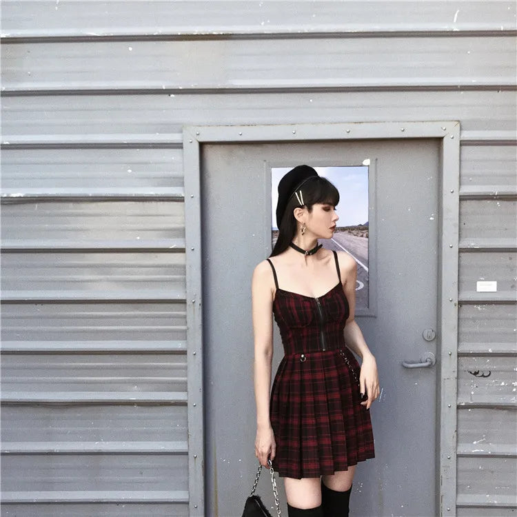Gótico lolita xadrez vestido y2k egirl punk vestidos plissados cinta de espaguete mini jurken emo alt goth streetwear vestido feminino