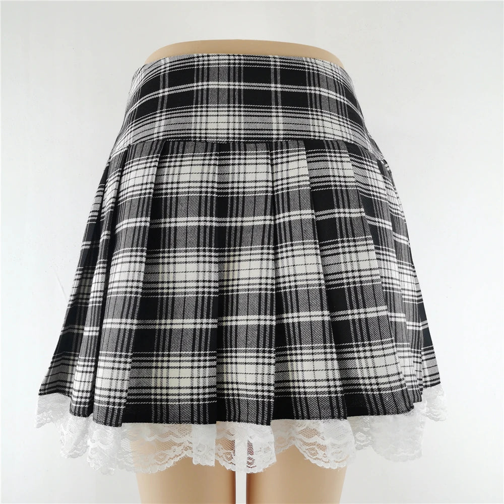 Novo Contraste Lace Plaid Saia Plissada Vintage Sexy Skater Roupas Harajuku Gothic Punk Inglaterra Estilo Y2k Saia