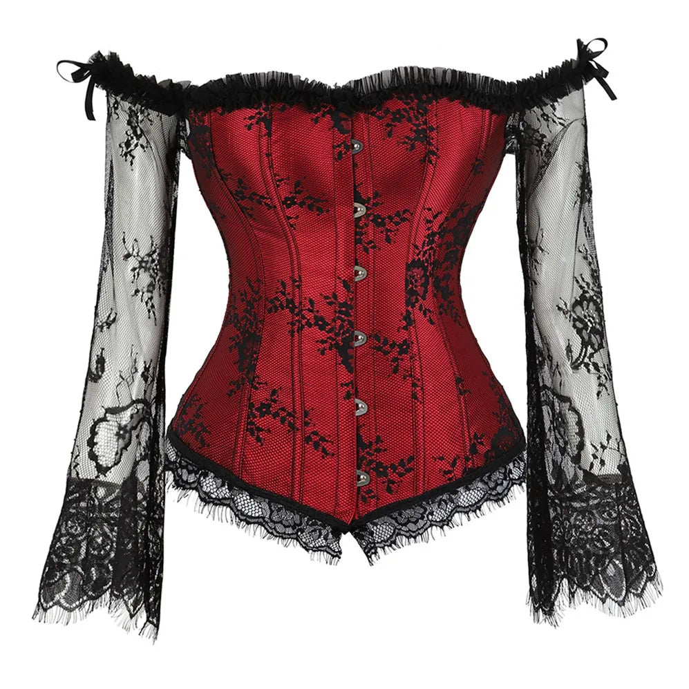 Manga longa elegante espartilhos góticos sexy fora do ombro rendas até overbust corselet feminino corpo cintura trainer cincher shapers bustiers