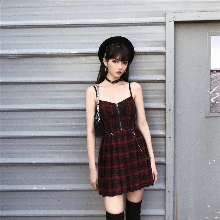 Gótico lolita xadrez vestido y2k egirl punk vestidos plissados cinta de espaguete mini jurken emo alt goth streetwear vestido feminino