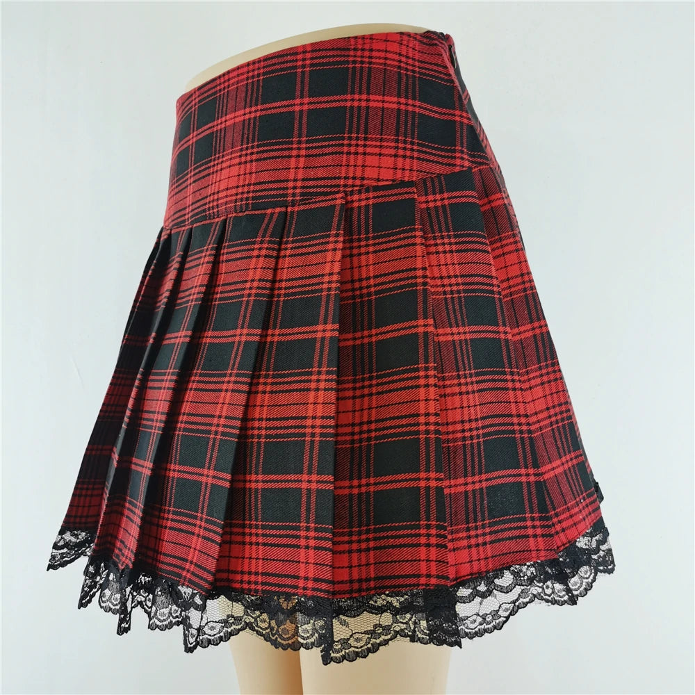 Novo Contraste Lace Plaid Saia Plissada Vintage Sexy Skater Roupas Harajuku Gothic Punk Inglaterra Estilo Y2k Saia