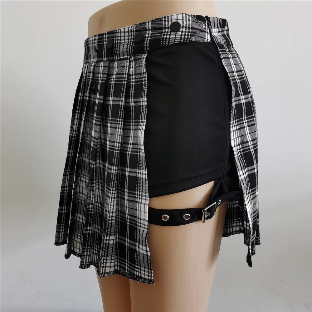Verão harajuku estilo punk xadrez saias irregulares mulheres assimétricas cintura alta saias pretas plissadas meninas gótico meia saias