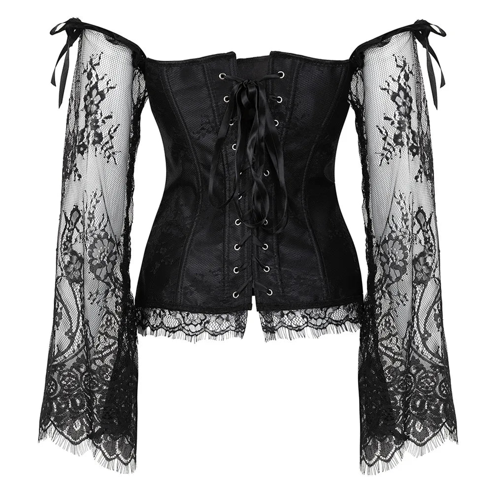 Manga longa elegante espartilhos góticos sexy fora do ombro rendas até overbust corselet feminino corpo cintura trainer cincher shapers bustiers