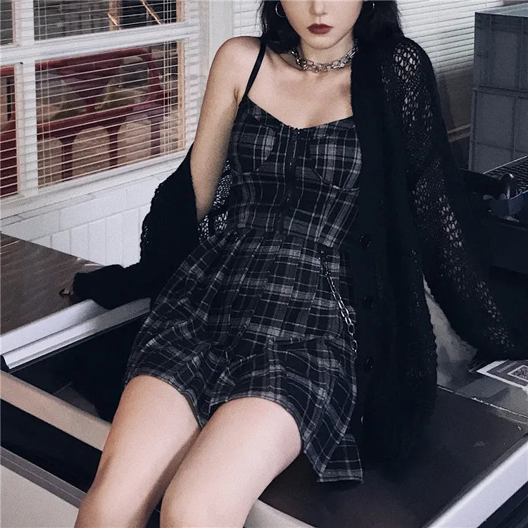 Gótico lolita xadrez vestido y2k egirl punk vestidos plissados cinta de espaguete mini jurken emo alt goth streetwear vestido feminino