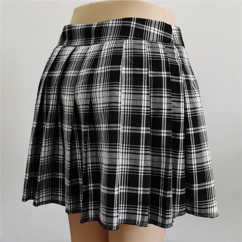 Verão harajuku estilo punk xadrez saias irregulares mulheres assimétricas cintura alta saias pretas plissadas meninas gótico meia saias