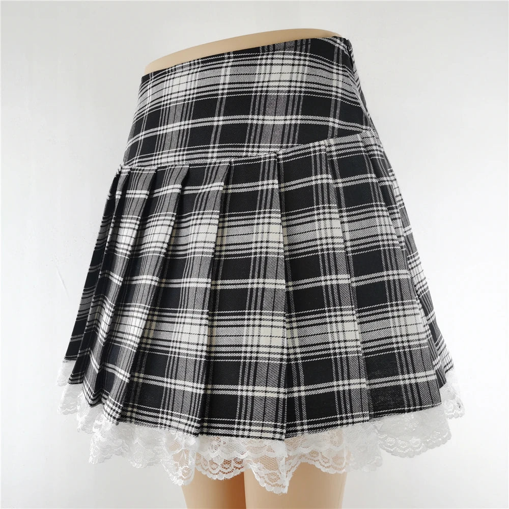Novo Contraste Lace Plaid Saia Plissada Vintage Sexy Skater Roupas Harajuku Gothic Punk Inglaterra Estilo Y2k Saia