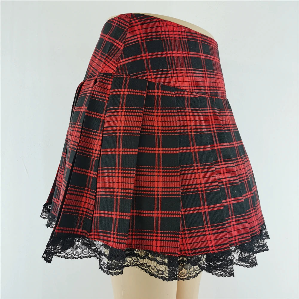 Novo Contraste Lace Plaid Saia Plissada Vintage Sexy Skater Roupas Harajuku Gothic Punk Inglaterra Estilo Y2k Saia