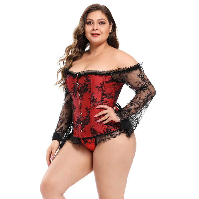 Manga longa elegante espartilhos góticos sexy fora do ombro rendas até overbust corselet feminino corpo cintura trainer cincher shapers bustiers