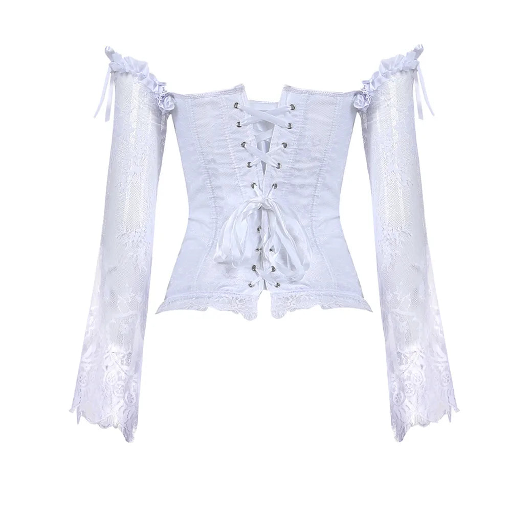 Manga longa elegante espartilhos góticos sexy fora do ombro rendas até overbust corselet feminino corpo cintura trainer cincher shapers bustiers