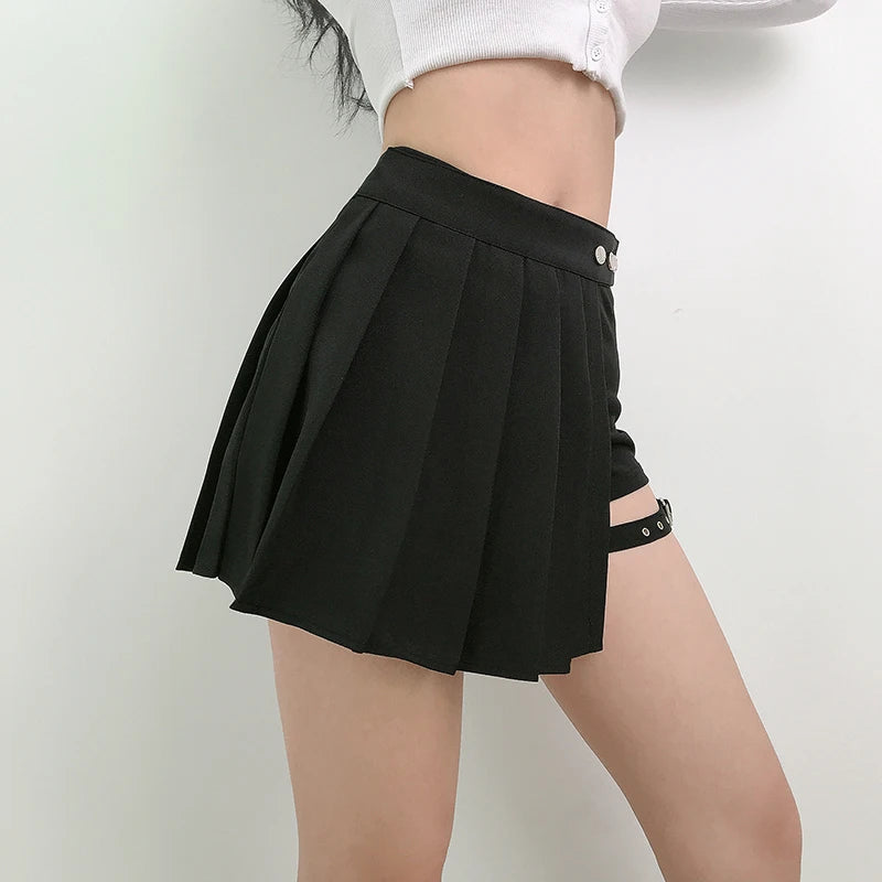 Verão harajuku estilo punk xadrez saias irregulares mulheres assimétricas cintura alta saias pretas plissadas meninas gótico meia saias