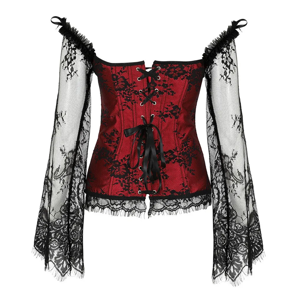 Manga longa elegante espartilhos góticos sexy fora do ombro rendas até overbust corselet feminino corpo cintura trainer cincher shapers bustiers