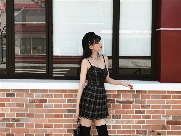 Gótico lolita xadrez vestido y2k egirl punk vestidos plissados cinta de espaguete mini jurken emo alt goth streetwear vestido feminino