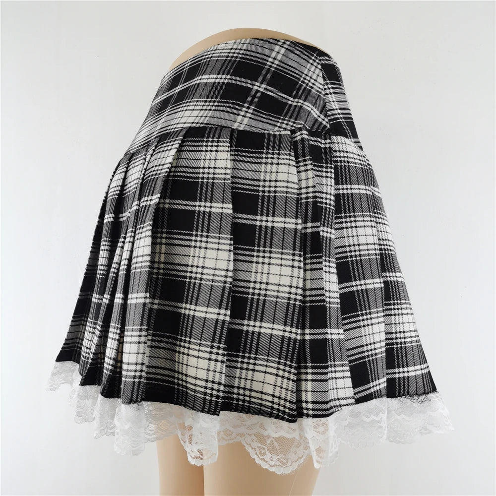 Novo Contraste Lace Plaid Saia Plissada Vintage Sexy Skater Roupas Harajuku Gothic Punk Inglaterra Estilo Y2k Saia