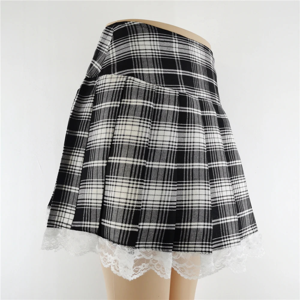Novo Contraste Lace Plaid Saia Plissada Vintage Sexy Skater Roupas Harajuku Gothic Punk Inglaterra Estilo Y2k Saia