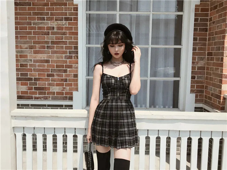 Gótico lolita xadrez vestido y2k egirl punk vestidos plissados cinta de espaguete mini jurken emo alt goth streetwear vestido feminino