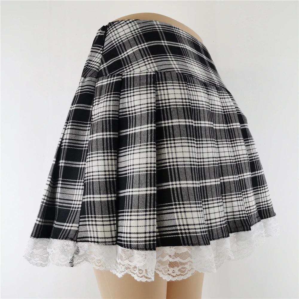 Novo Contraste Lace Plaid Saia Plissada Vintage Sexy Skater Roupas Harajuku Gothic Punk Inglaterra Estilo Y2k Saia