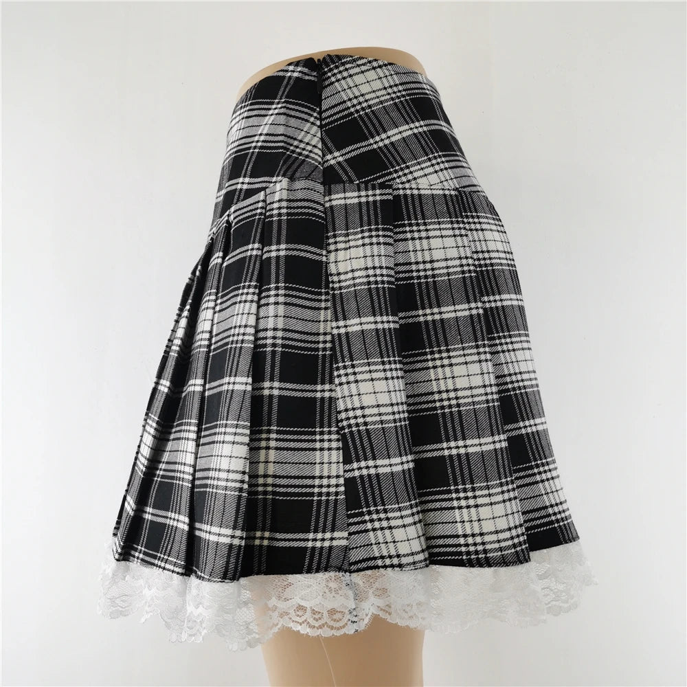 Novo Contraste Lace Plaid Saia Plissada Vintage Sexy Skater Roupas Harajuku Gothic Punk Inglaterra Estilo Y2k Saia