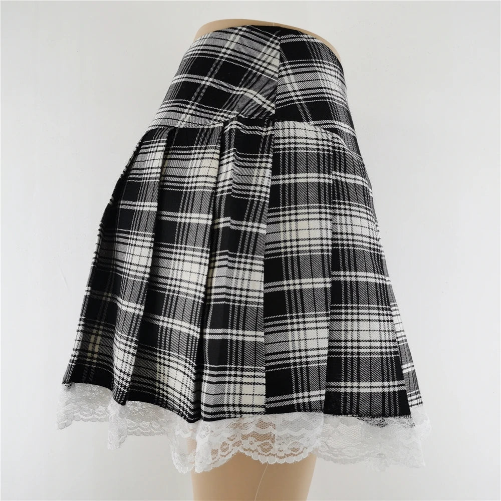 Novo Contraste Lace Plaid Saia Plissada Vintage Sexy Skater Roupas Harajuku Gothic Punk Inglaterra Estilo Y2k Saia