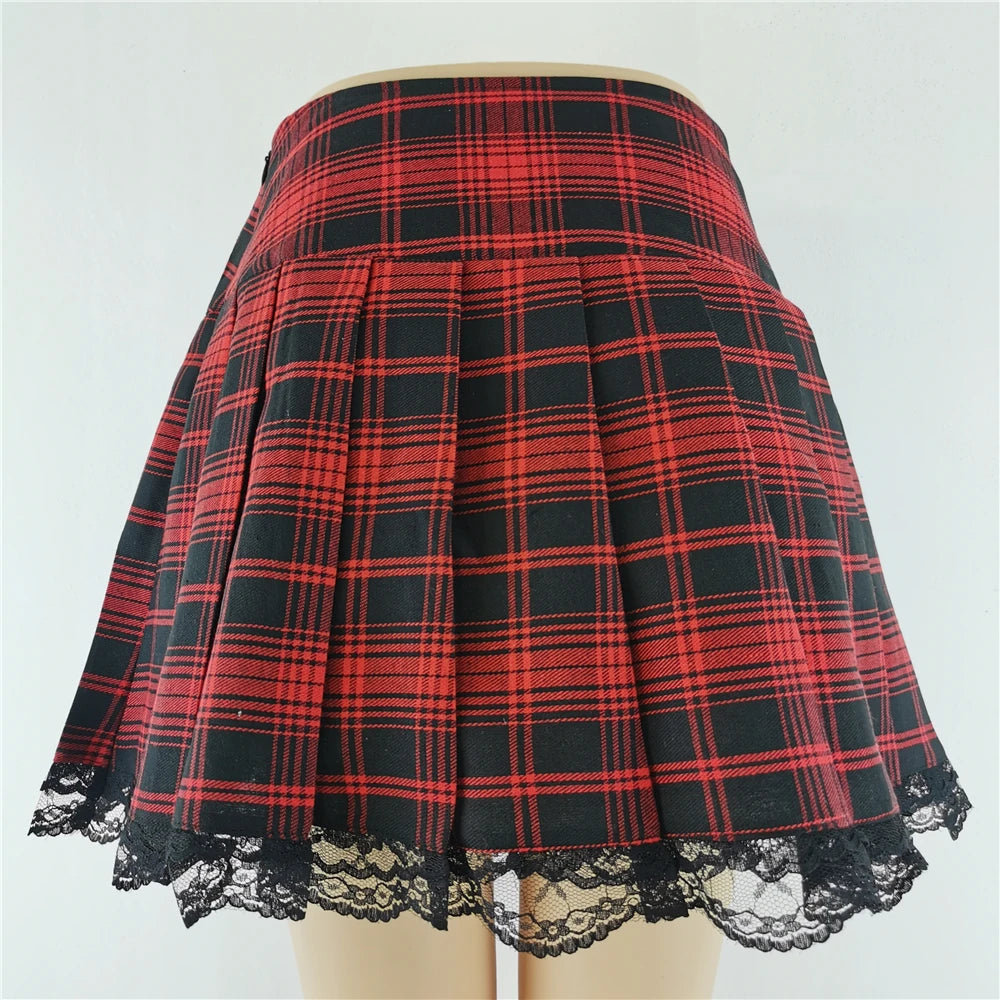 Novo Contraste Lace Plaid Saia Plissada Vintage Sexy Skater Roupas Harajuku Gothic Punk Inglaterra Estilo Y2k Saia