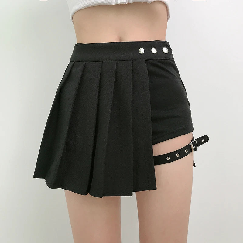 Verão harajuku estilo punk xadrez saias irregulares mulheres assimétricas cintura alta saias pretas plissadas meninas gótico meia saias