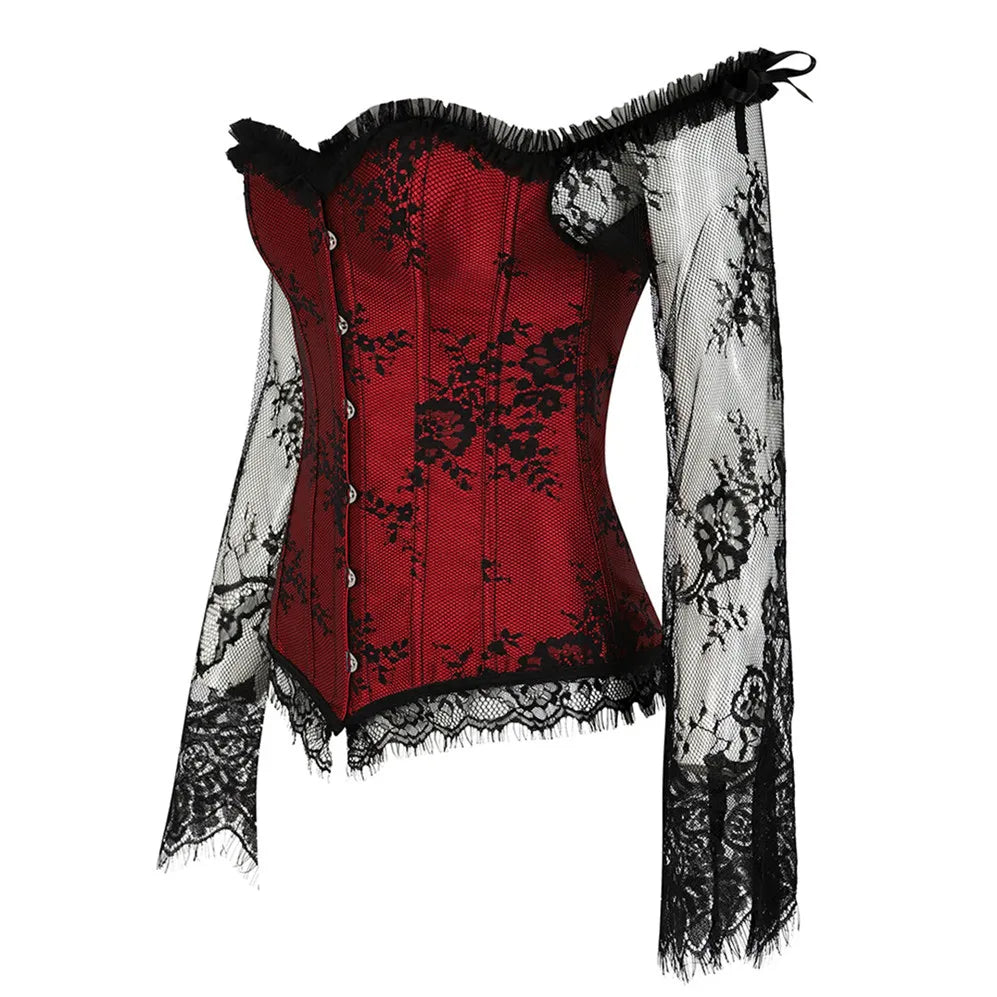Manga longa elegante espartilhos góticos sexy fora do ombro rendas até overbust corselet feminino corpo cintura trainer cincher shapers bustiers