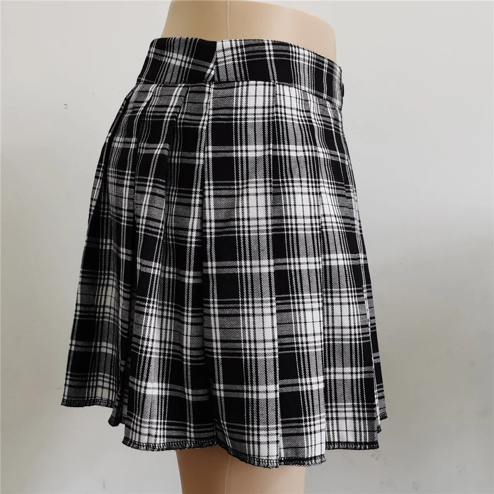 Verão harajuku estilo punk xadrez saias irregulares mulheres assimétricas cintura alta saias pretas plissadas meninas gótico meia saias