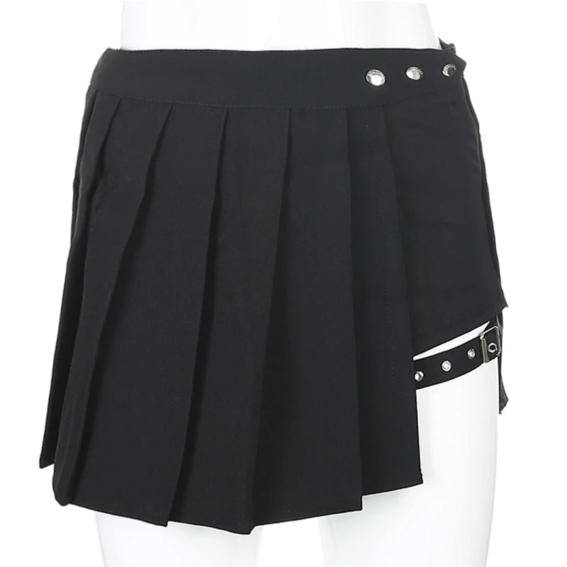 Verão harajuku estilo punk xadrez saias irregulares mulheres assimétricas cintura alta saias pretas plissadas meninas gótico meia saias