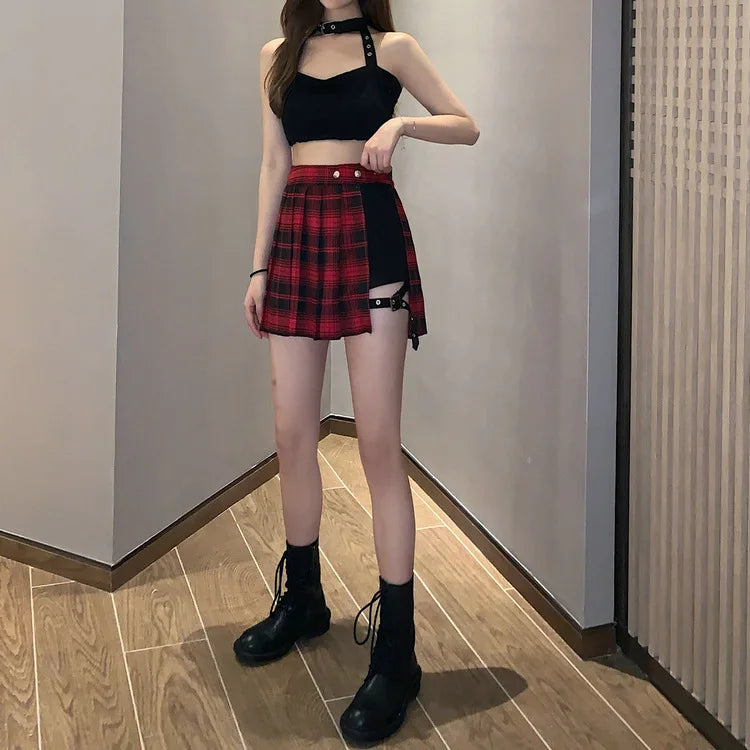 Verão harajuku estilo punk xadrez saias irregulares mulheres assimétricas cintura alta saias pretas plissadas meninas gótico meia saias